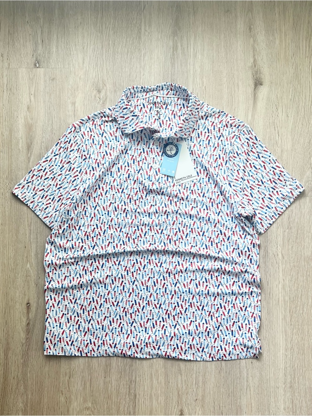 NWT Kenneth Cole Mens S Firecracker Print Performance Short Sleeve Golf Shirt